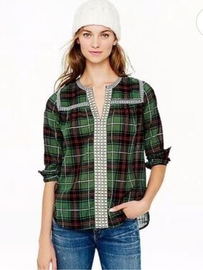 J.CREW Plaid Green Embroidered Split-Neck Women's Top